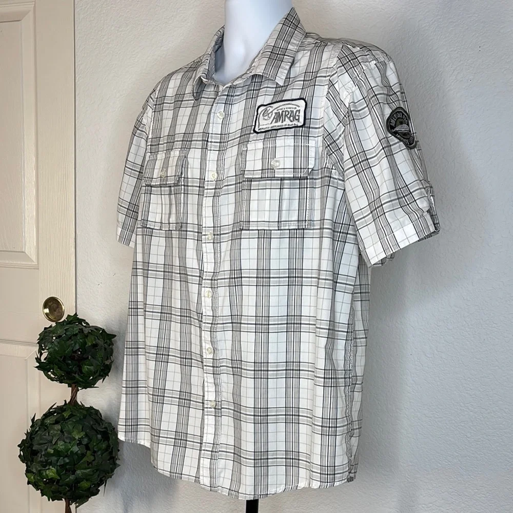 American Rag Plaid Button Down Shirt Casual White Gray Large Patch Details - Picture 4 of 9